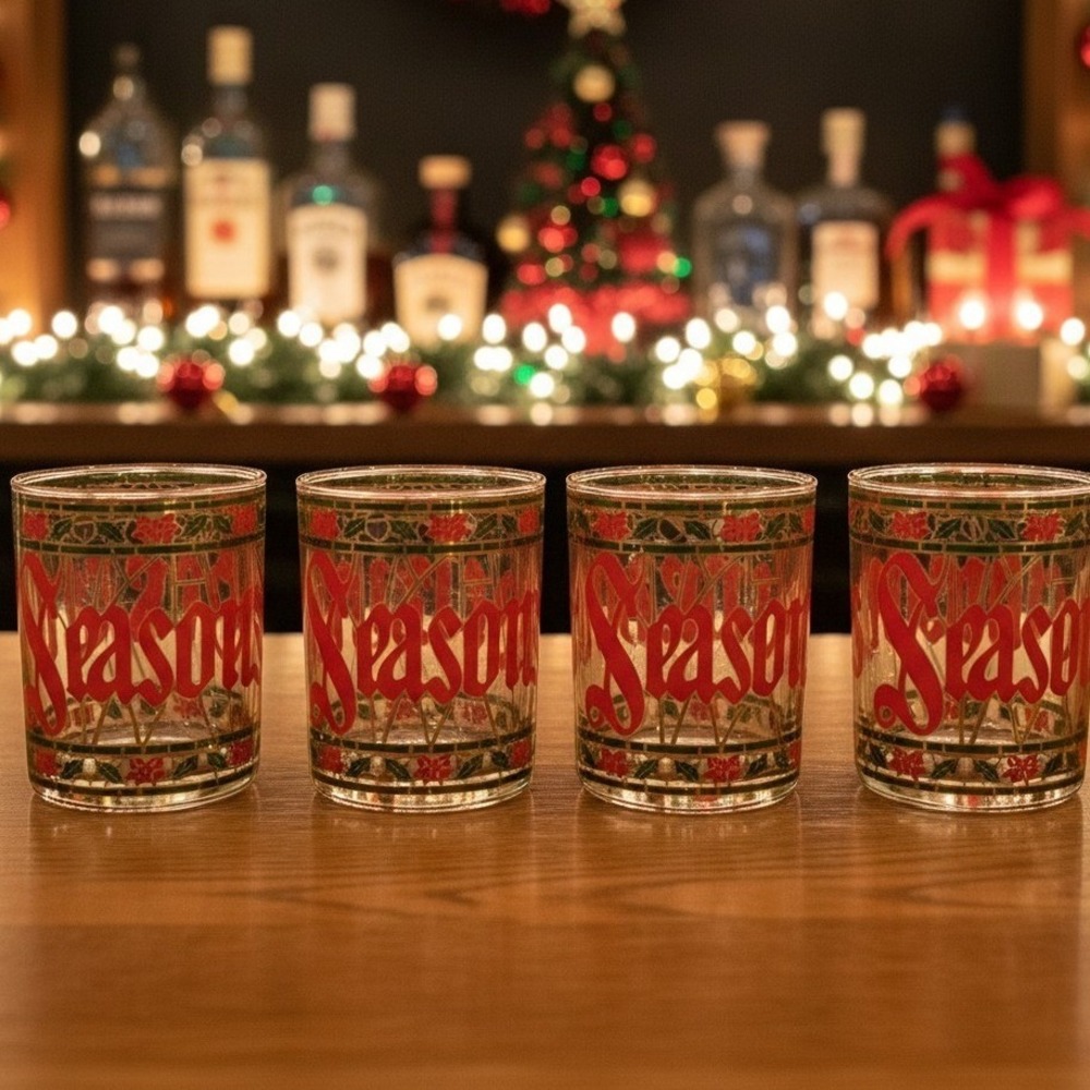 Culver "Seasons Greetings" Christmas Lowball Tumblers, Set Of 4, Stained Design